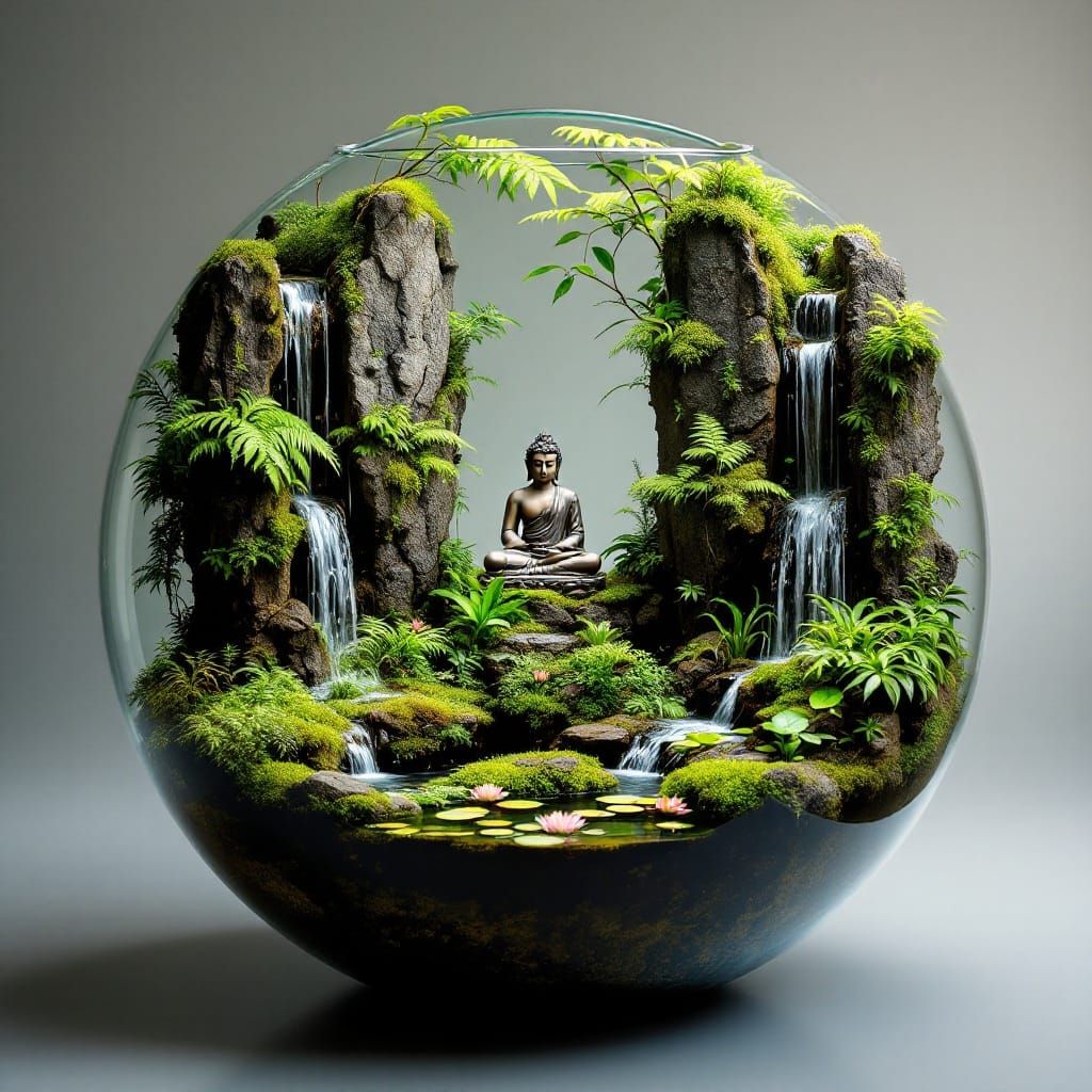 Glass Terrarium with Tranquil Buddha Statue and Lush Vertica...