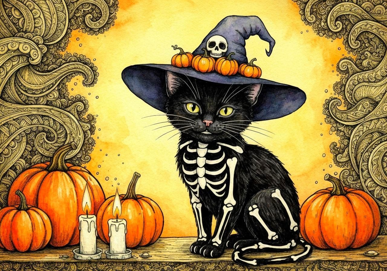 Whimsical Witch Kitten Portrait in Watercolor Style