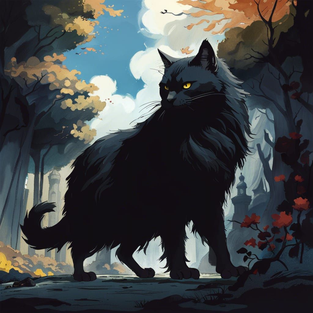 Enormous Black Cat in Studio Ghibli Anime Style
