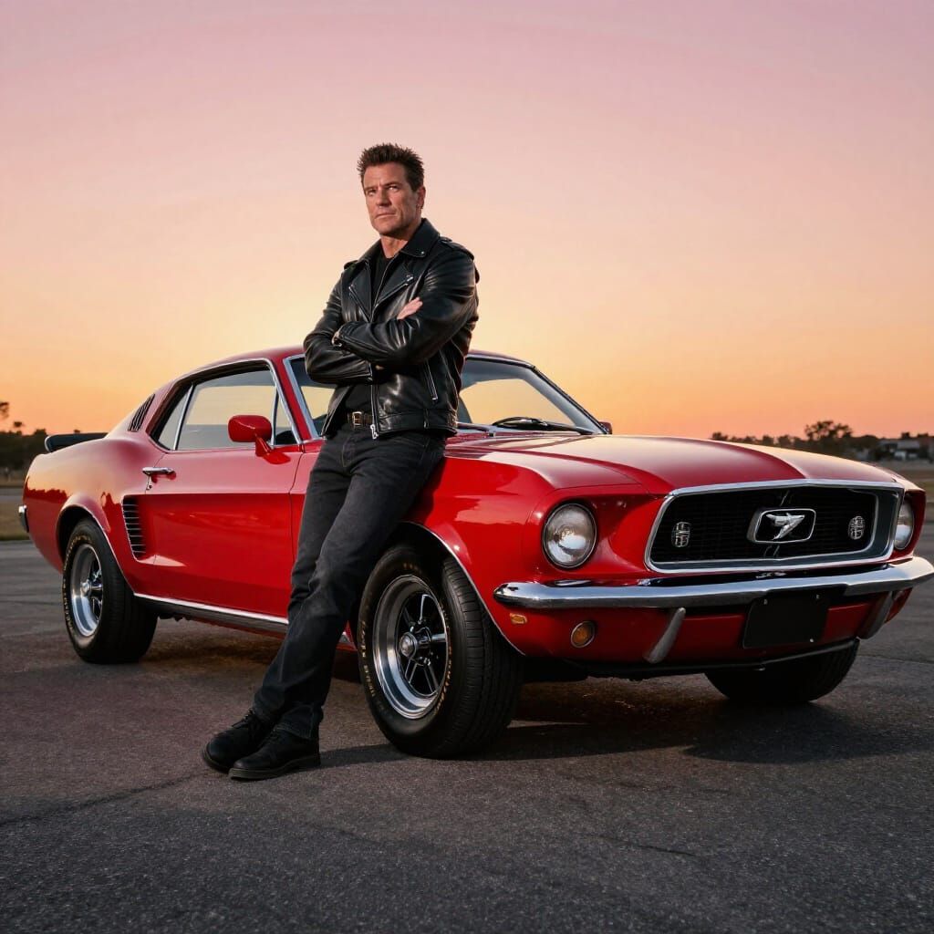 Man Poses With Classic Cherry-Red Mustang