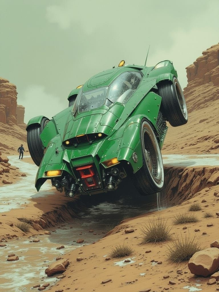 Futuristic Green Concept Car in Desert Blizzard