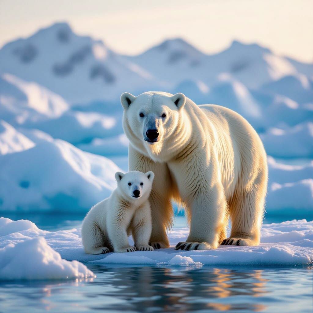 Polar Bears on Arctic Ice Floe at Golden Hour
