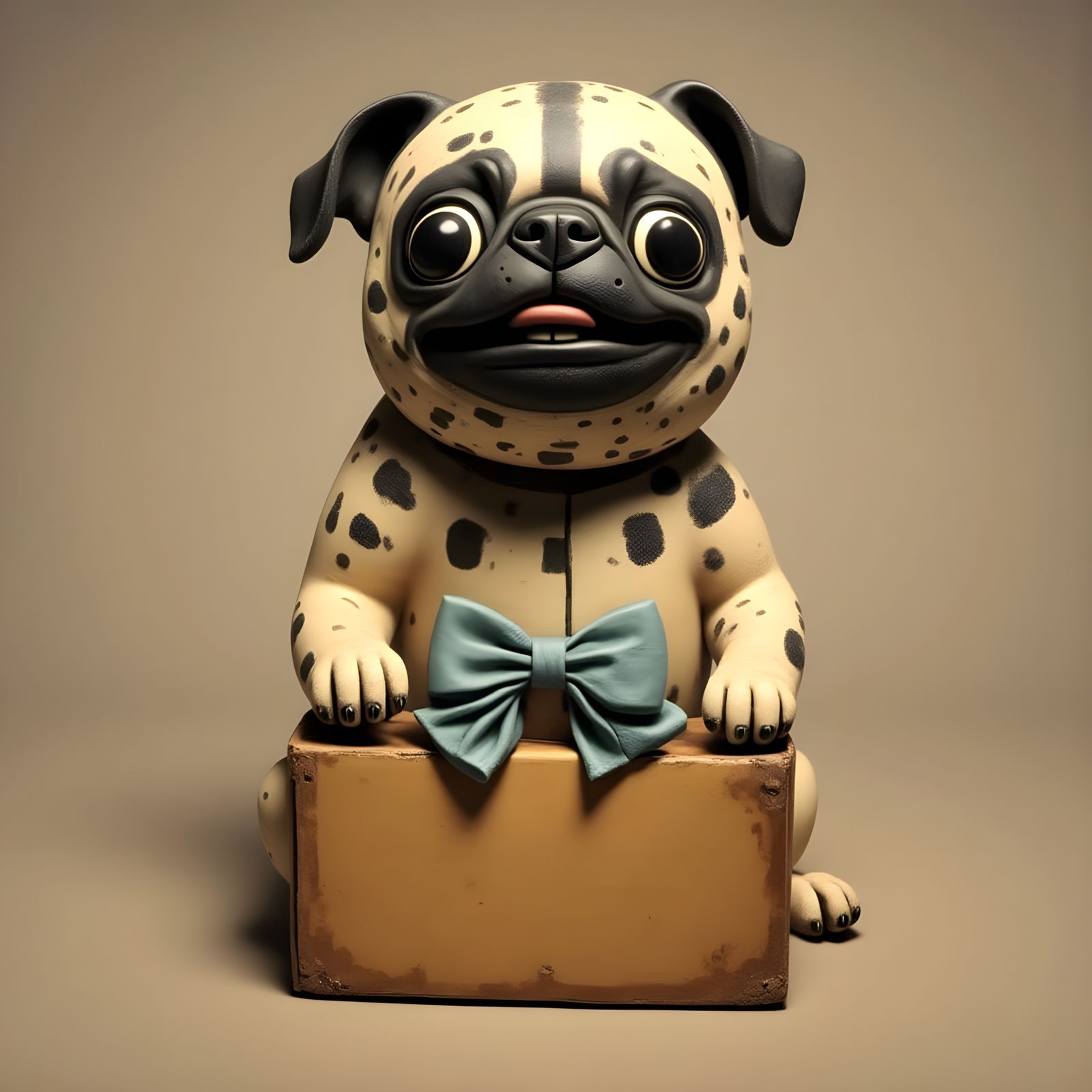 Surreal Pug Dog in Whimsical Scene with Box and Bow