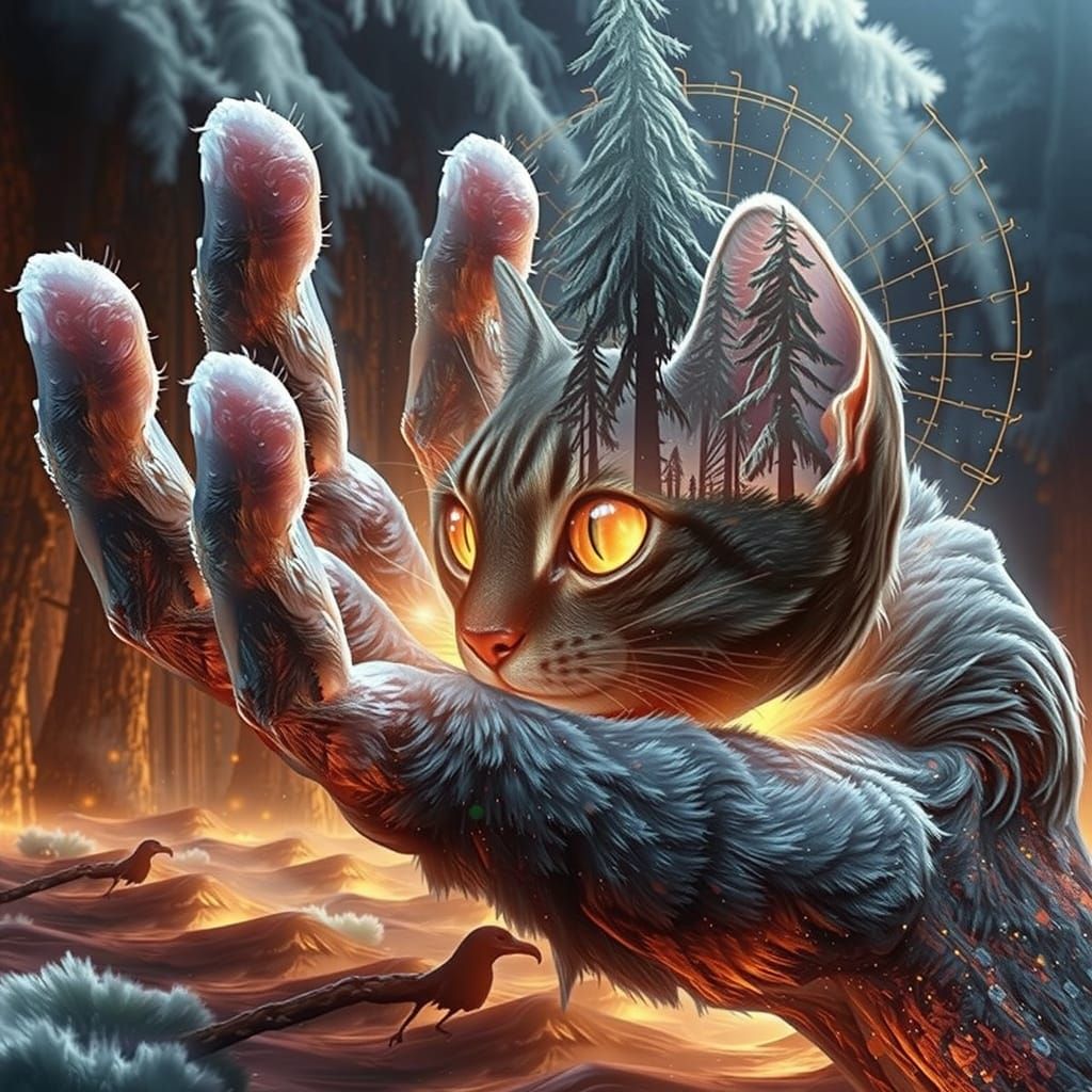 Surreal Forest Cat Double Exposure in Soft Focus