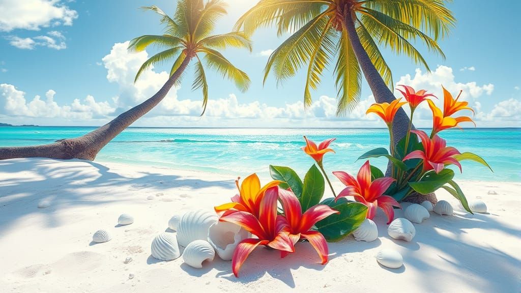 Tropical Beach with Shells and Flowers, Impressionist Style