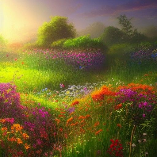 Lush Hidden Garden of Wildflowers in Bright Sunshine