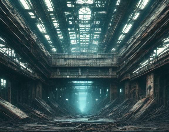 Surreal Mecha in Ruined Hangar: Sci-Fi Illustration