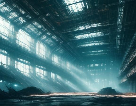 Futuristic Mecha in Ruined Hangar, Sci-Fi Concept Art