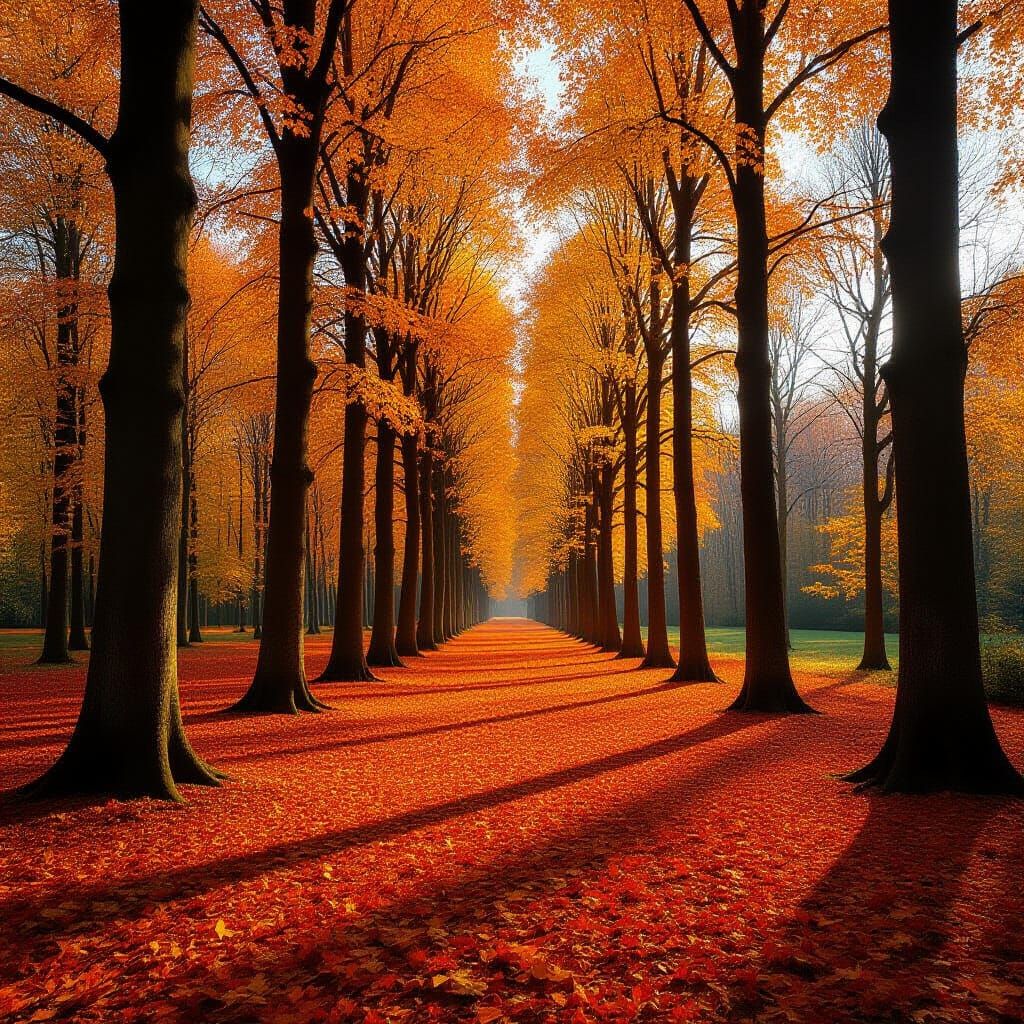 Autumn Forest with Tall Trees and Orange Leaves