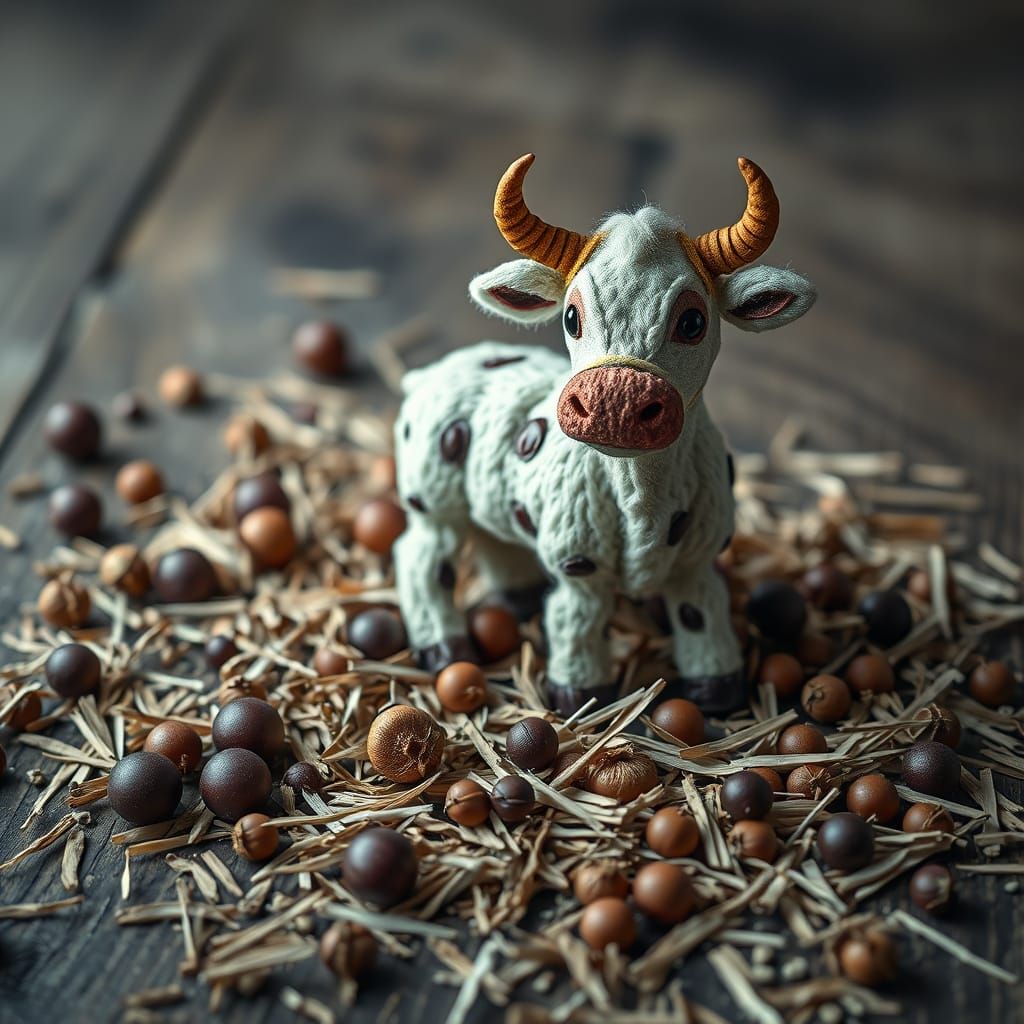 Hyperrealistic Cow Toy Made of Forest Materials