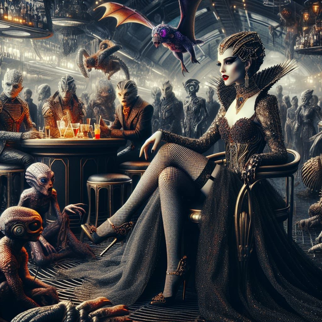 Vampire Queen in Extraterrestrial Bar, Hyperrealistic Detail