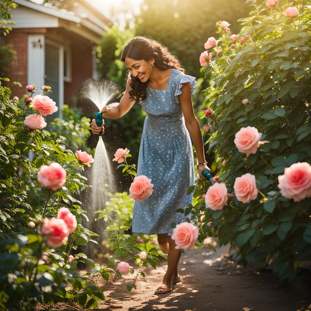 Latina in Sundress Waters Roses in Garden
