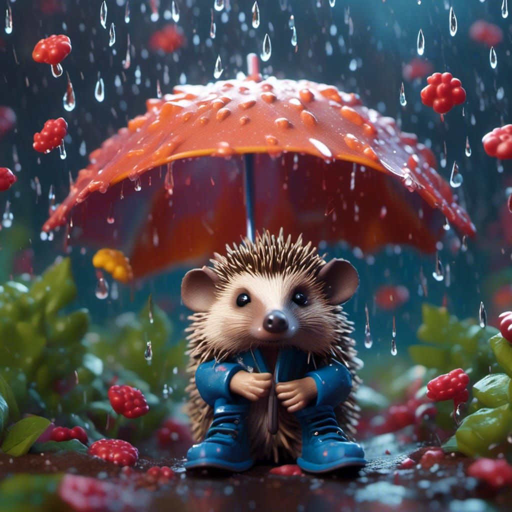 Hedgehog in Boots Hiding from Rain, Detailed Painting