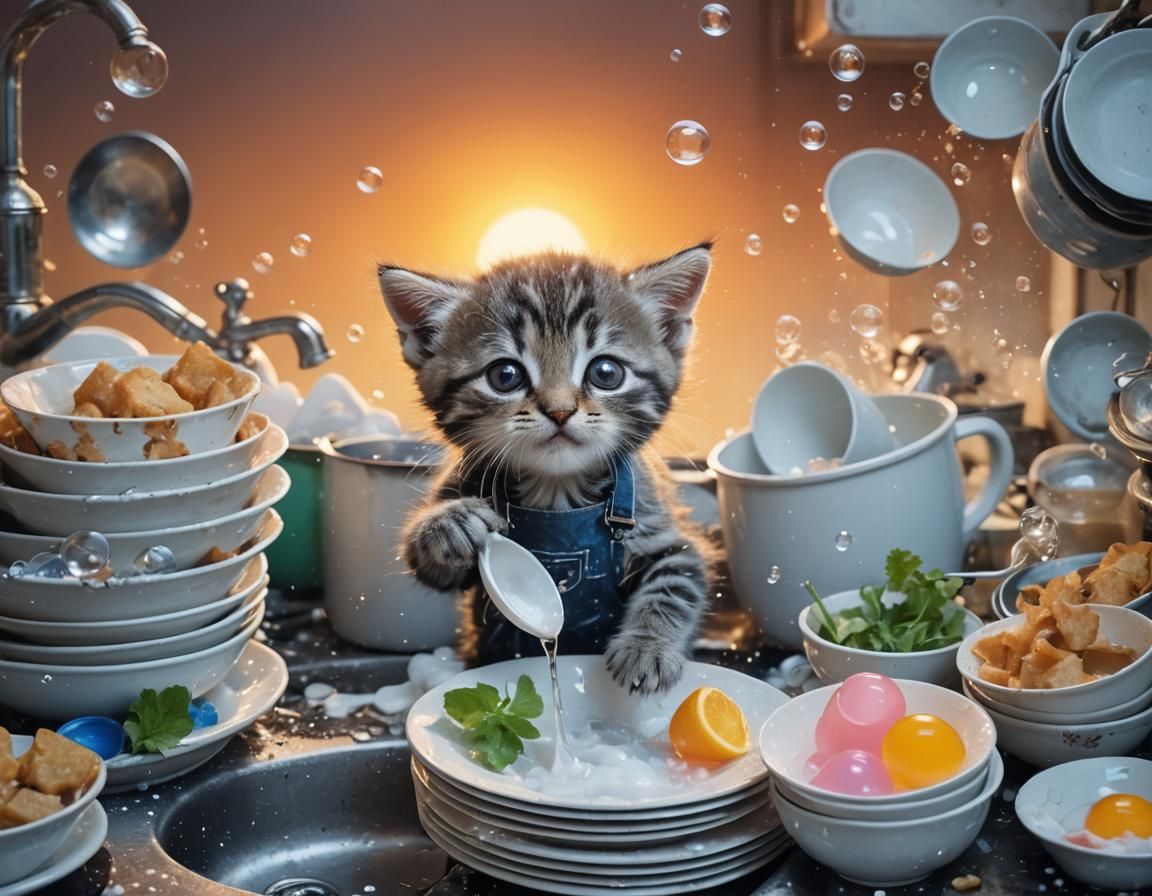 Kitten Doing Dishes at Sunrise
