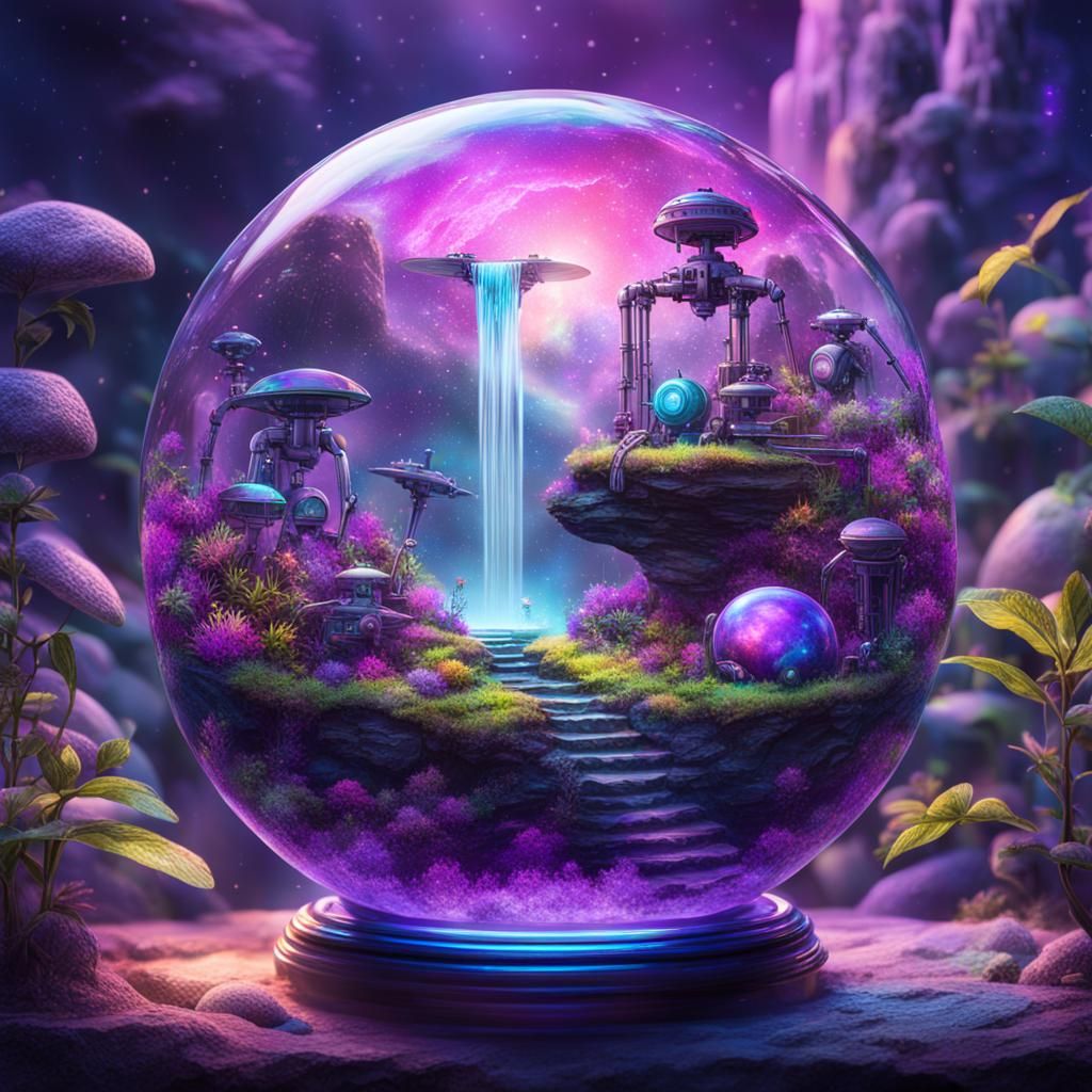 Extraterrestrial Terrarium with Robots and Purple Waterfall