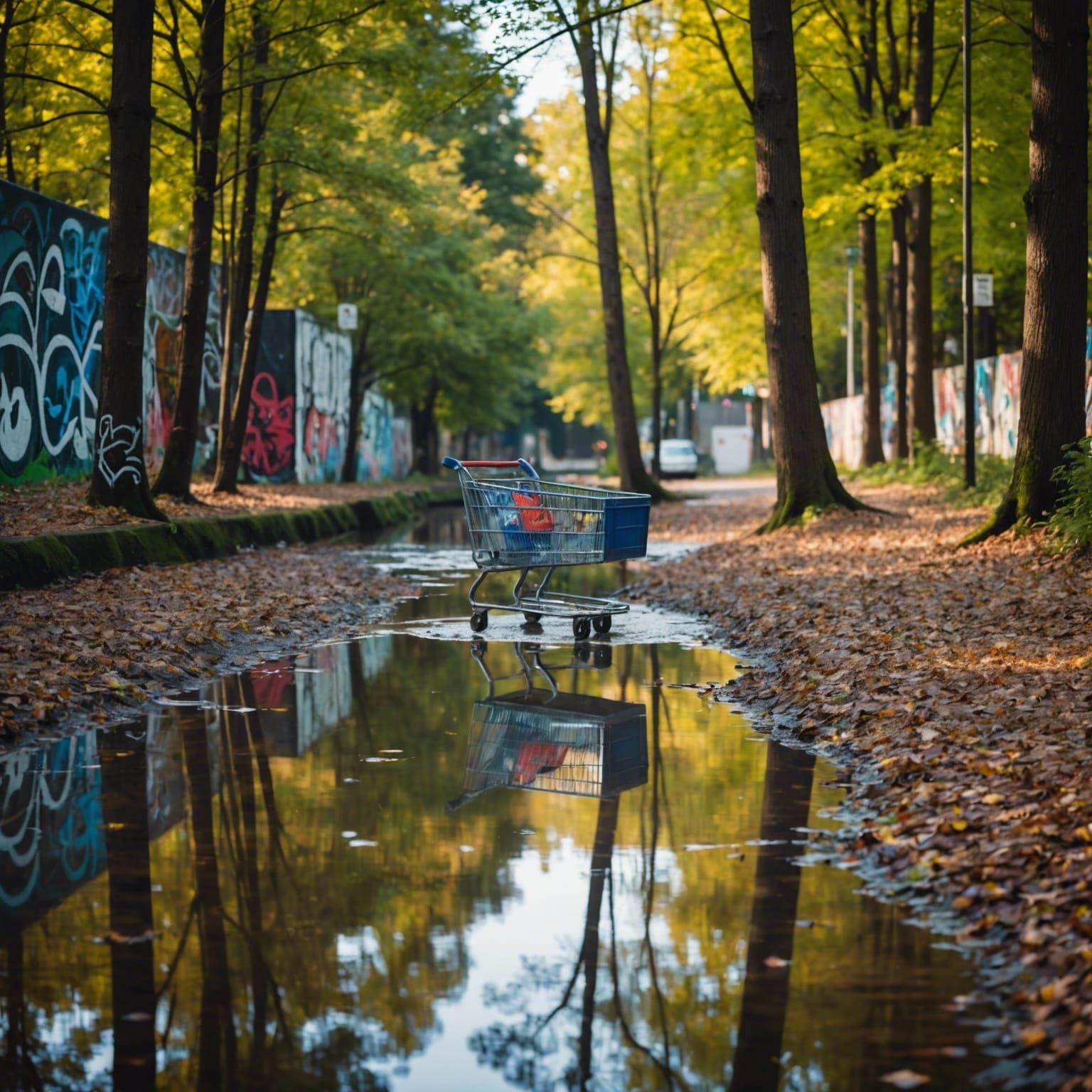 River Scene with Shopping Cart and Graffiti