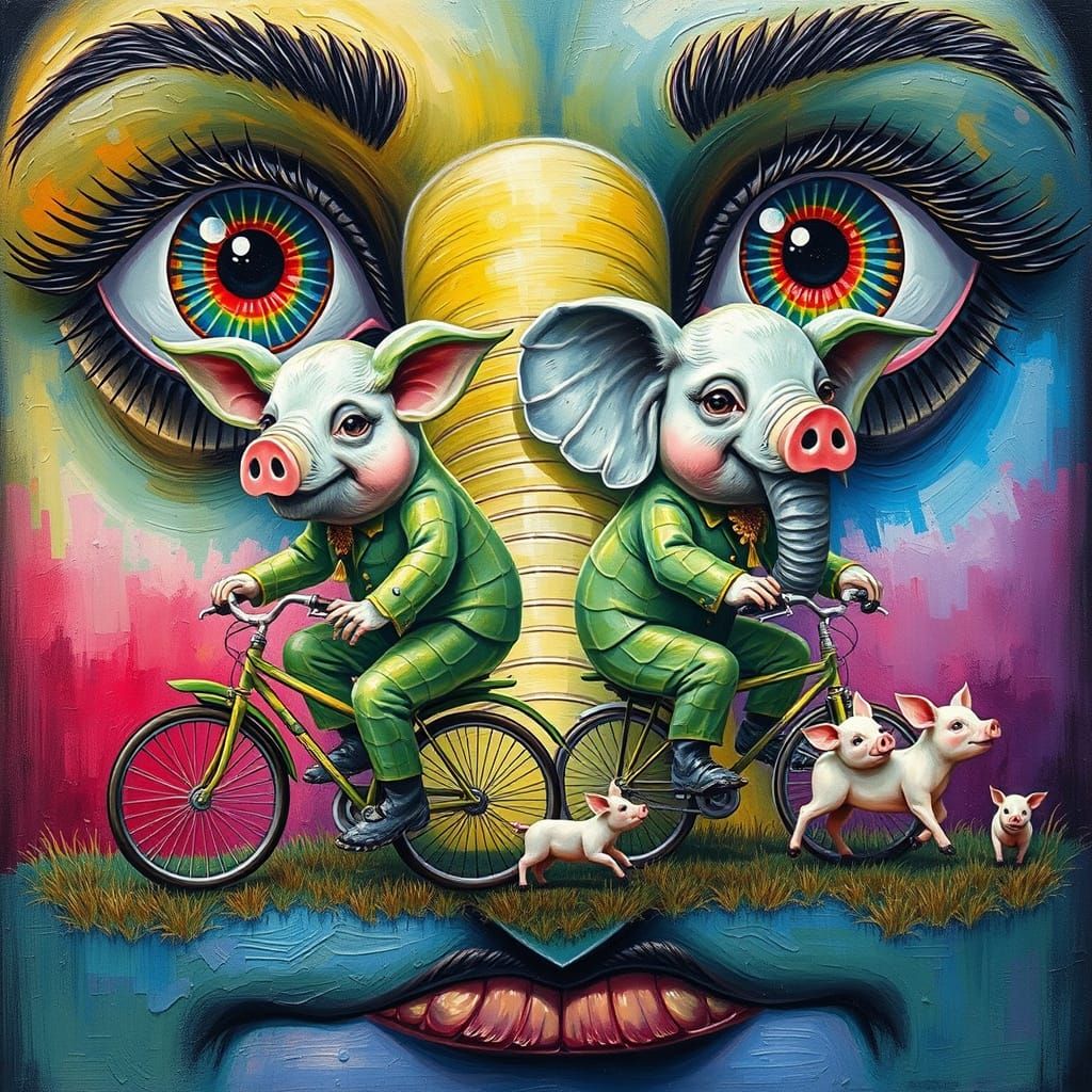 Impasto-Style Creatures Among Vibrant Green Leaves and Cycli...