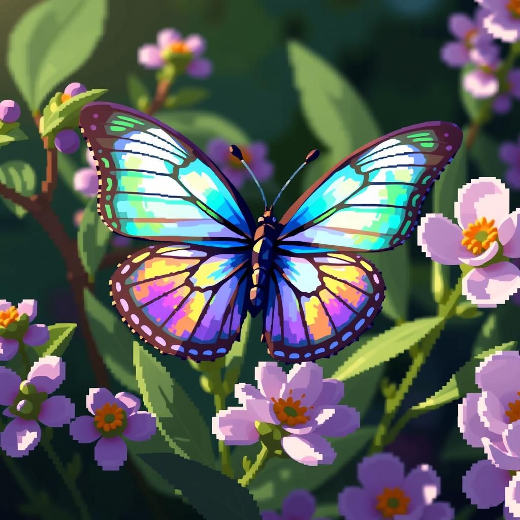Iridescent Pixel Art Butterfly in Lush Garden