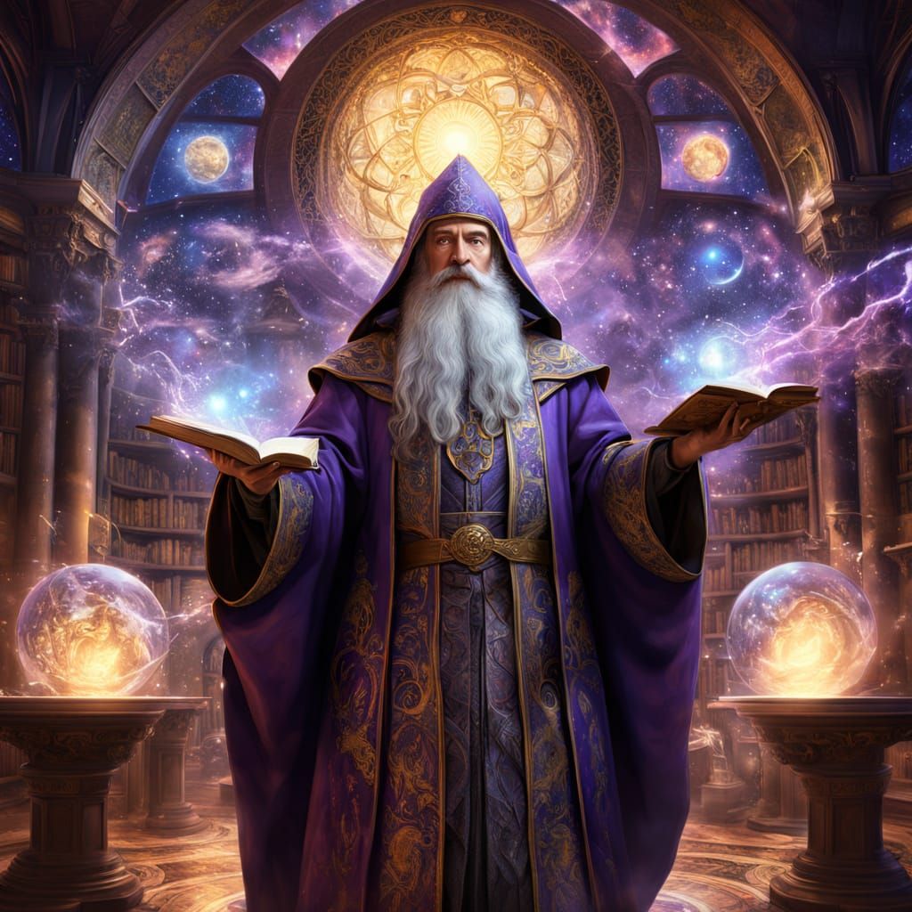 Wise Wizard in Celestial Library, Hyperrealistic Art
