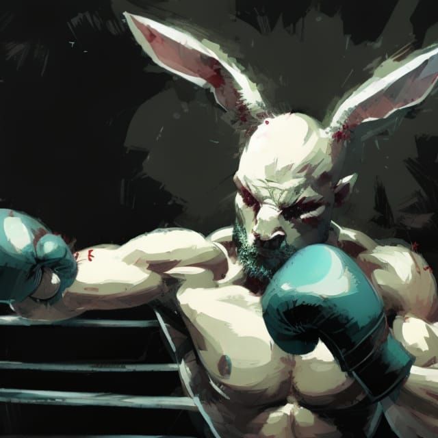 Rabbit Boxer Throws Punch in Boxing Ring