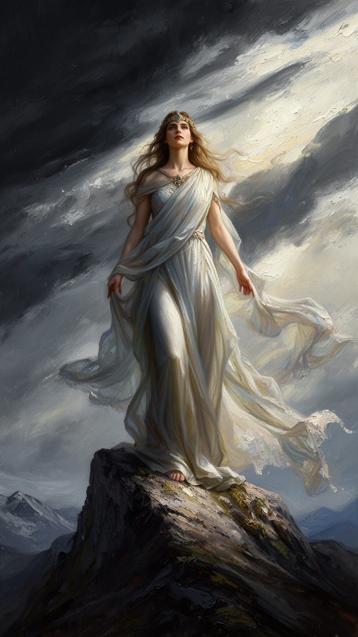 Serene Goddess on Mountain Peak in Impressionist Style
