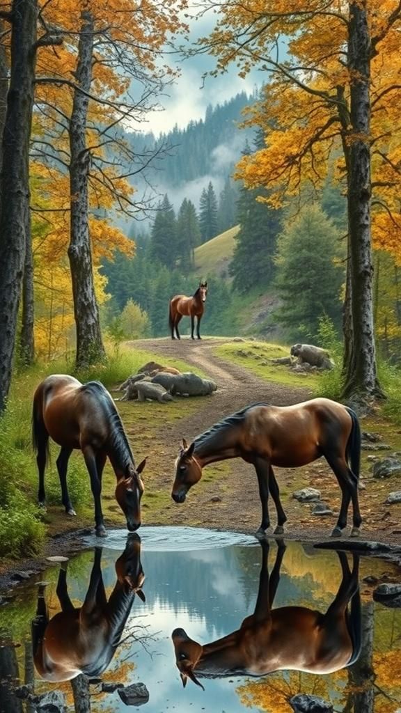 Wild Horses at Watering Hole in Diamond Painting Style