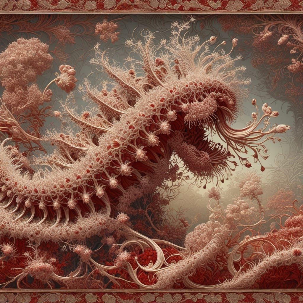 Fractal Trematoda Scene in Pre-Raphaelite Style