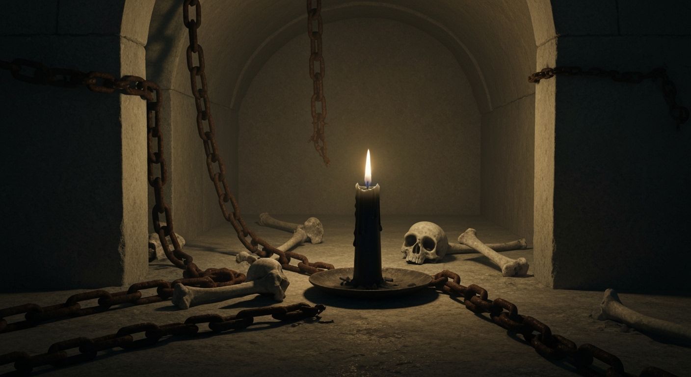 Eerie Candle in Crypt: Gothic Horror Digital Art