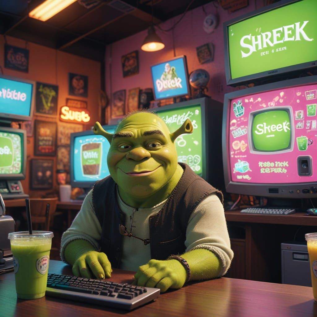 Shrek Working at 90s Internet Cafe