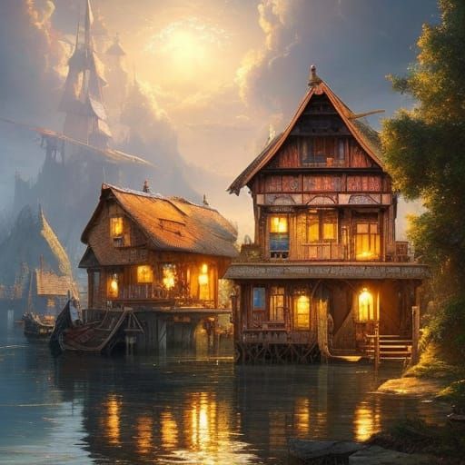 Romantic River Village in Silkpunk Style