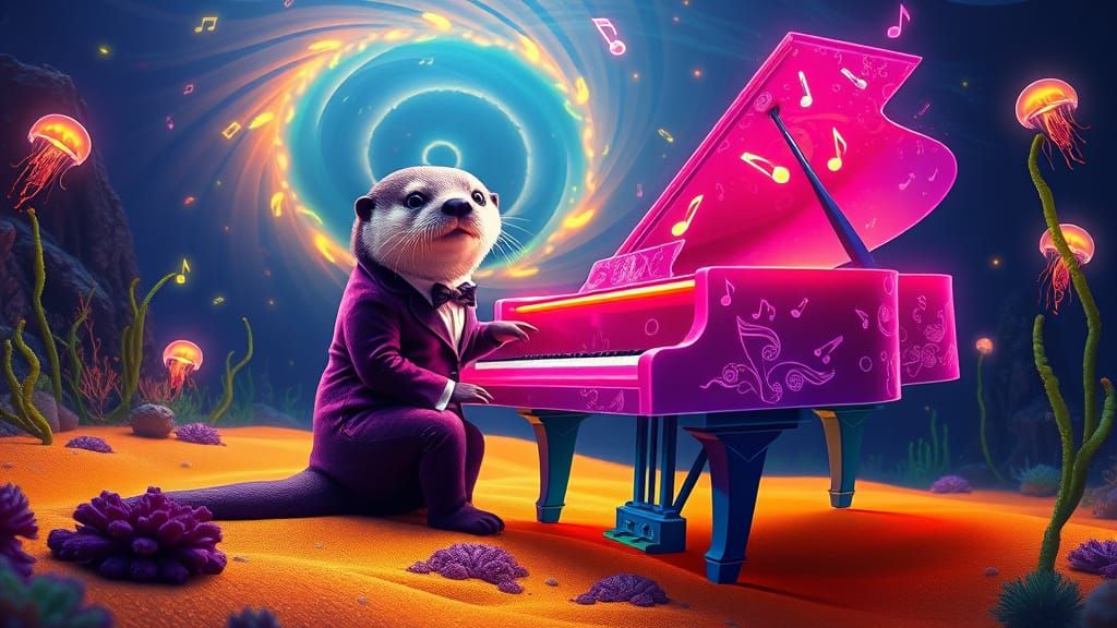 Sea Otter Plays Neon-Lit Piano Under Volcanic Ocean Vents