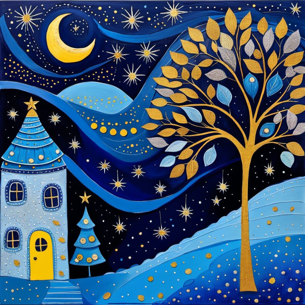 Joyful Blue Lunar Landscape in Art Brut Style