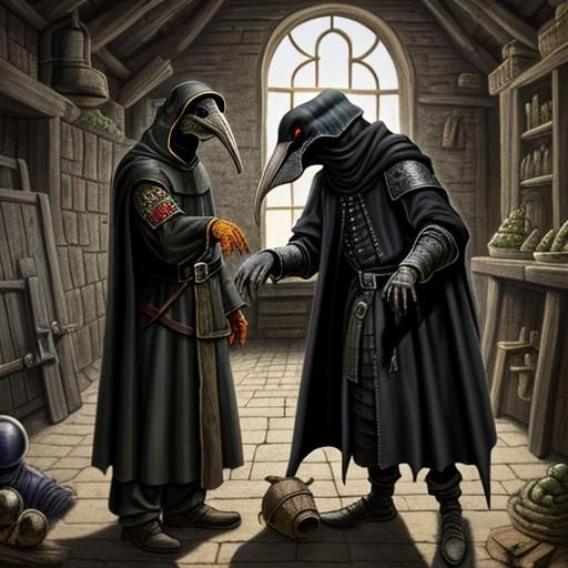 Medieval Plague Doctor Treating Plague Victim