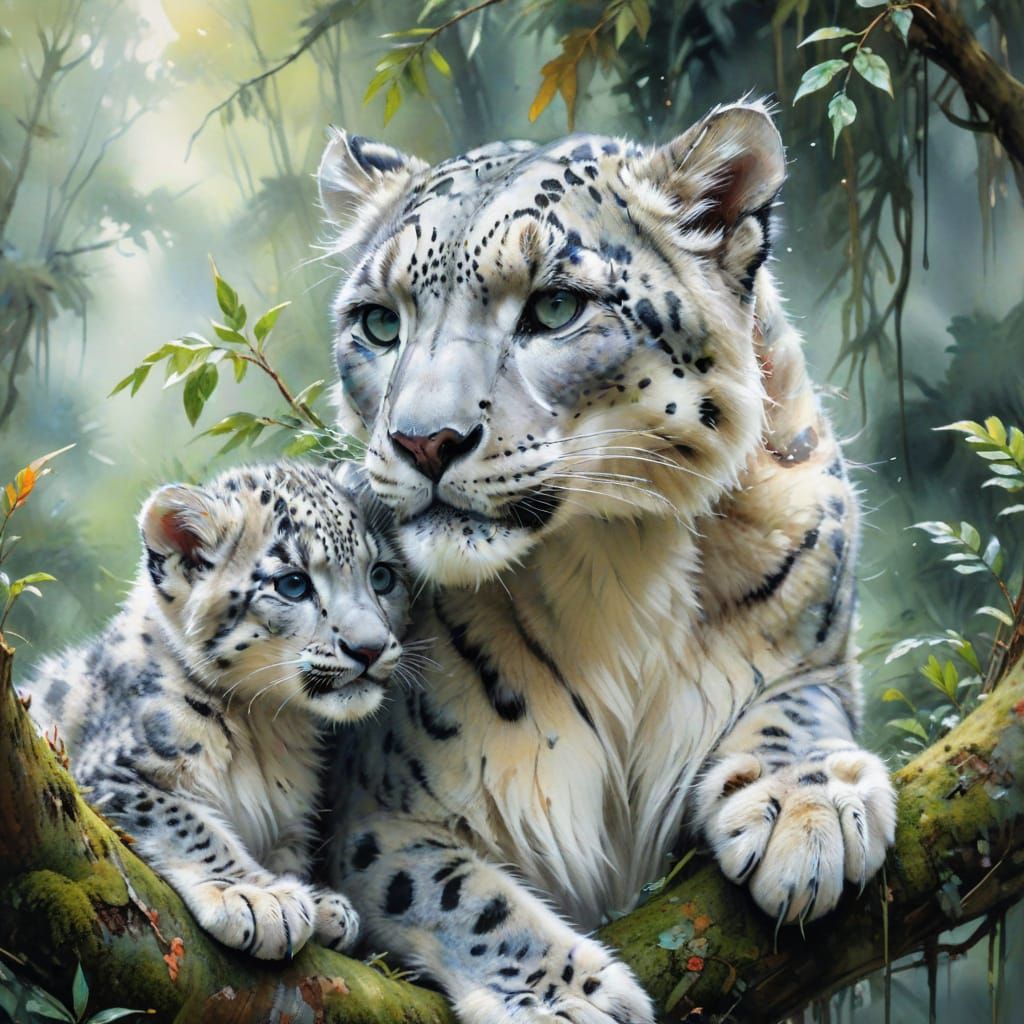 Mother Snow Leopard and Cub in Lush Rainforest
