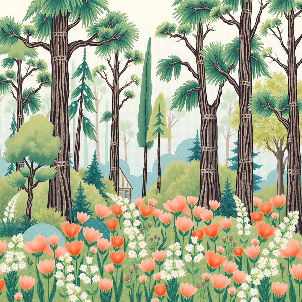 Whimsical Forest Landscape in Gingham Style