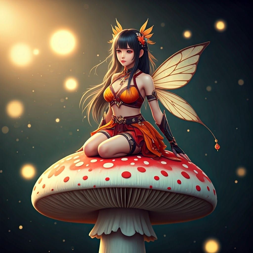 Ethereal Japanese Fairy Sits on Polka Dotted Mushroom in Dre...