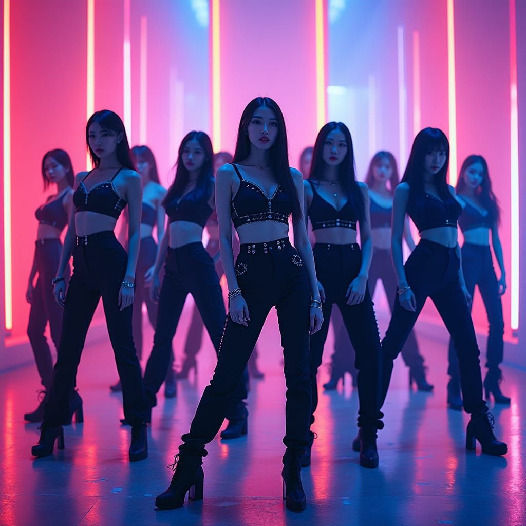 K-Pop Girl Group Performs in Neon-Lit Stage Show
