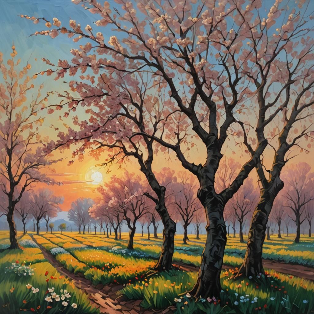 Cherry Blossoms at Sunset: Impressionist Oil Painting