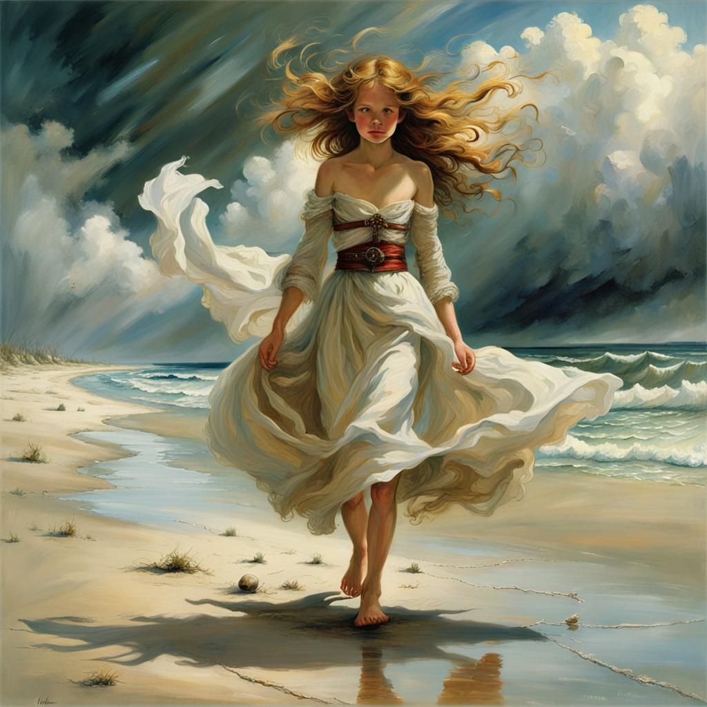 Girl on Windy Beach: Romanticism Art