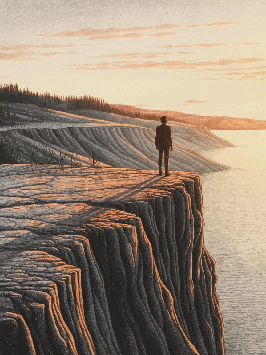 Surreal Figure on Cliff's Edge in Warm Sunset Light