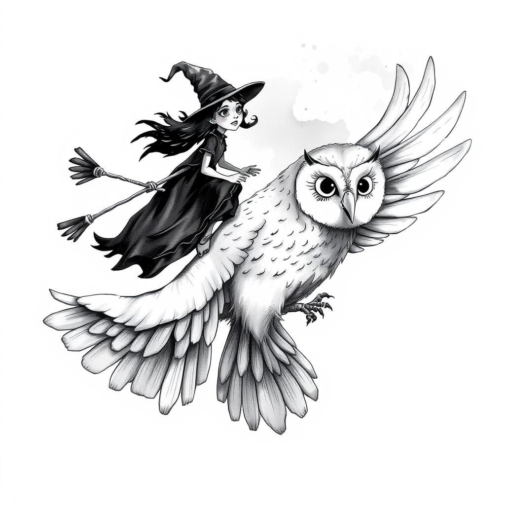 Witch soars on Owl in Black and White Watercolor
