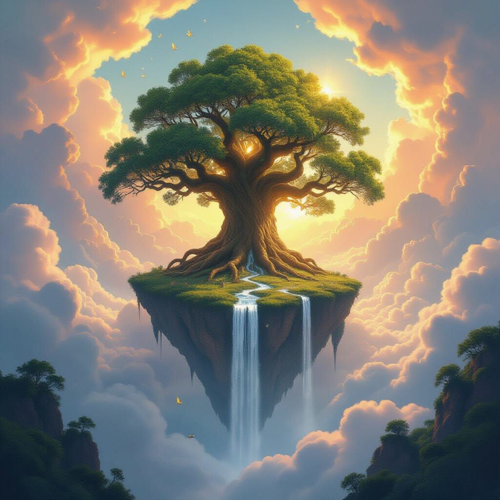 Giant Floating Tree With Silver Waterfall in Digital Art Sty...