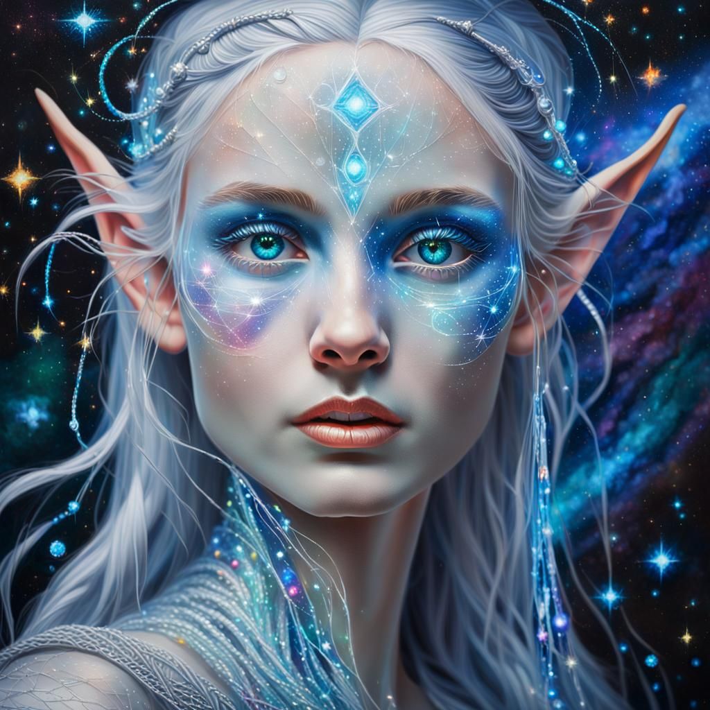 Ethereal Galactic Elf Portrait in Vibrant Oil Painting Style