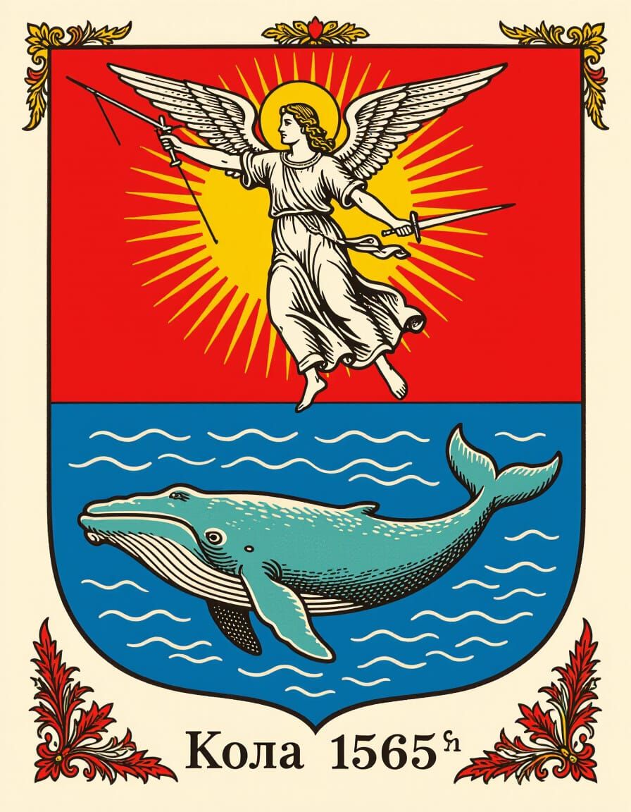 Kola Coat of Arms: Archangel and Whale in Collage Style