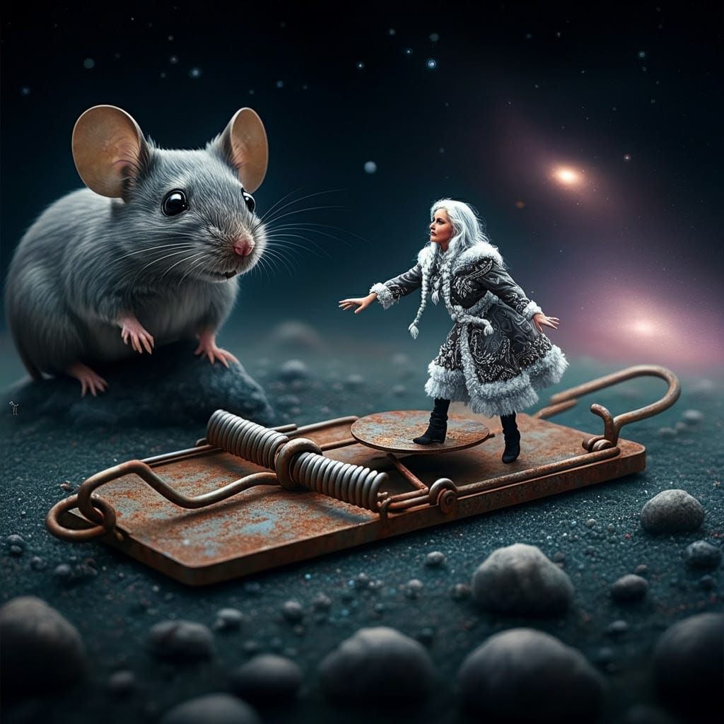 Woman Escapes Mousetrap in Cosmic Astral Scene