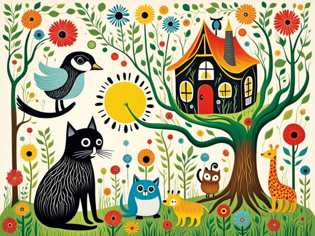 Folk Art Whimsy Scene with Colorful Treehouse and Animals