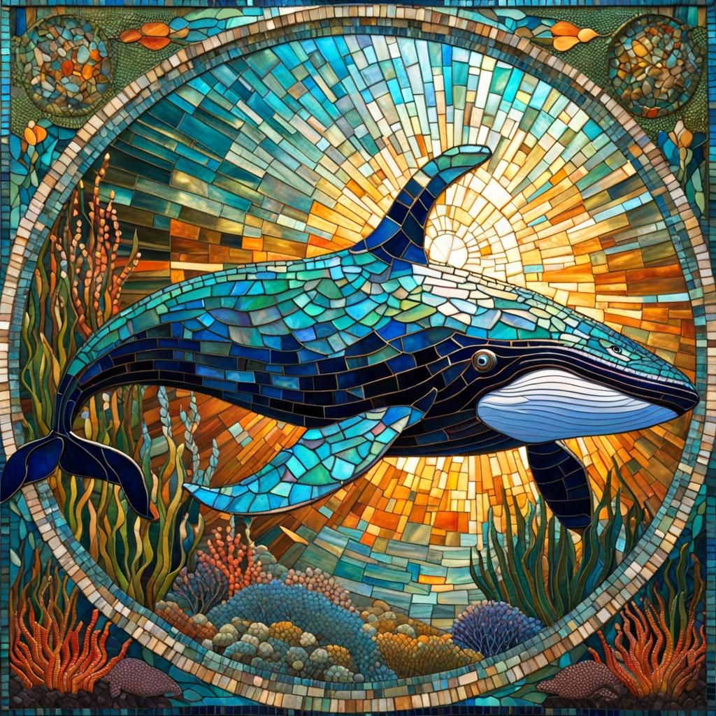 Mosaic Whale Swimming Underwater in Stained Glass