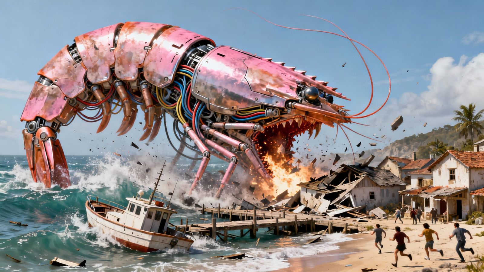 Giant Cyborg Shrimp Explodes From Ocean, Destroying Village