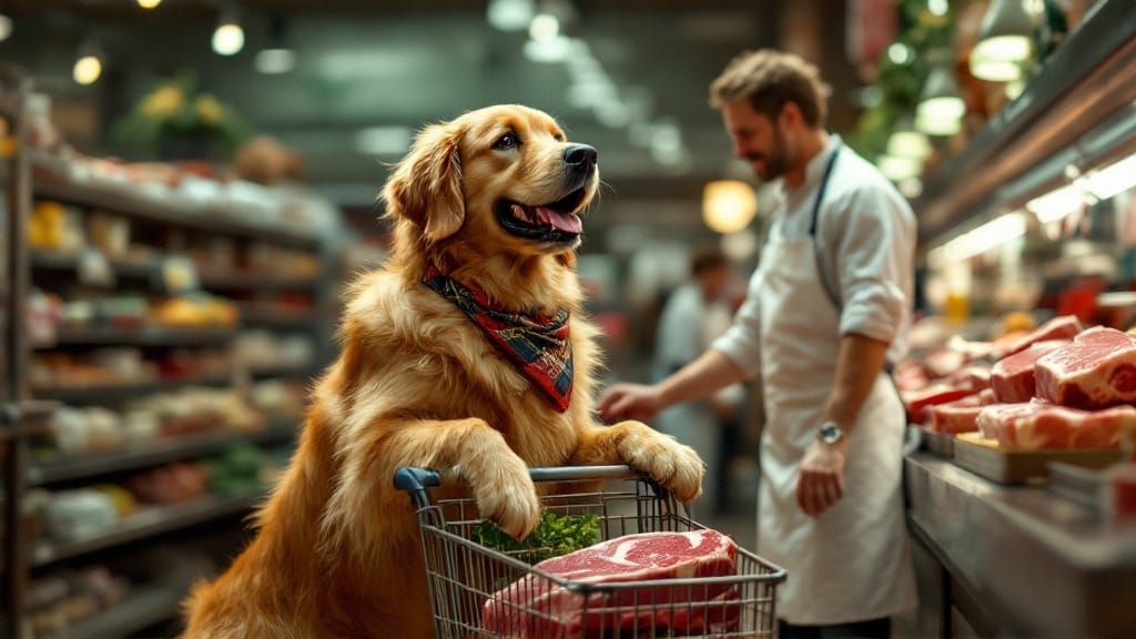 Golden Retriever Shopper Stops at Meat Counter