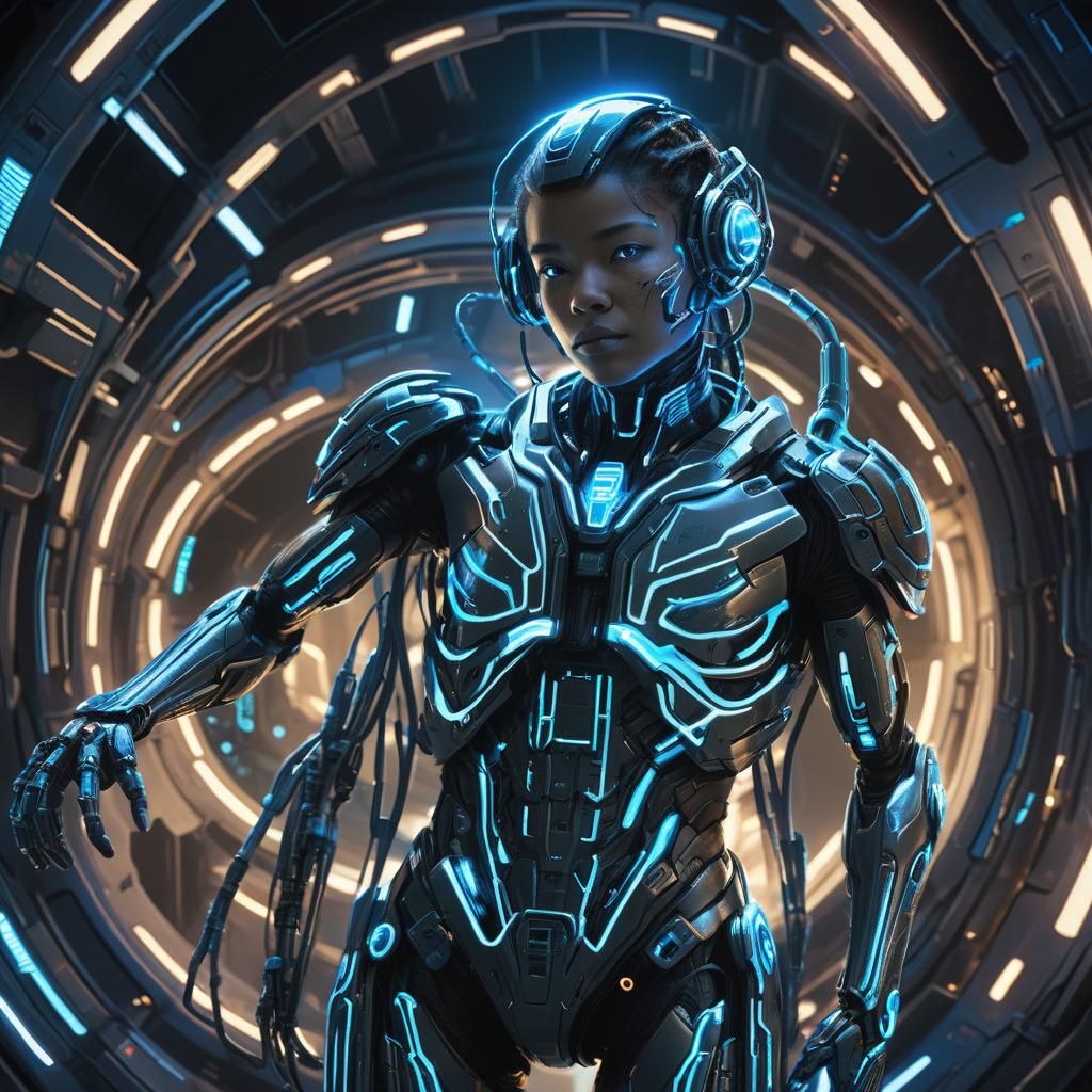 Bioluminescent Cyborg on Organic Spaceship Concept Art